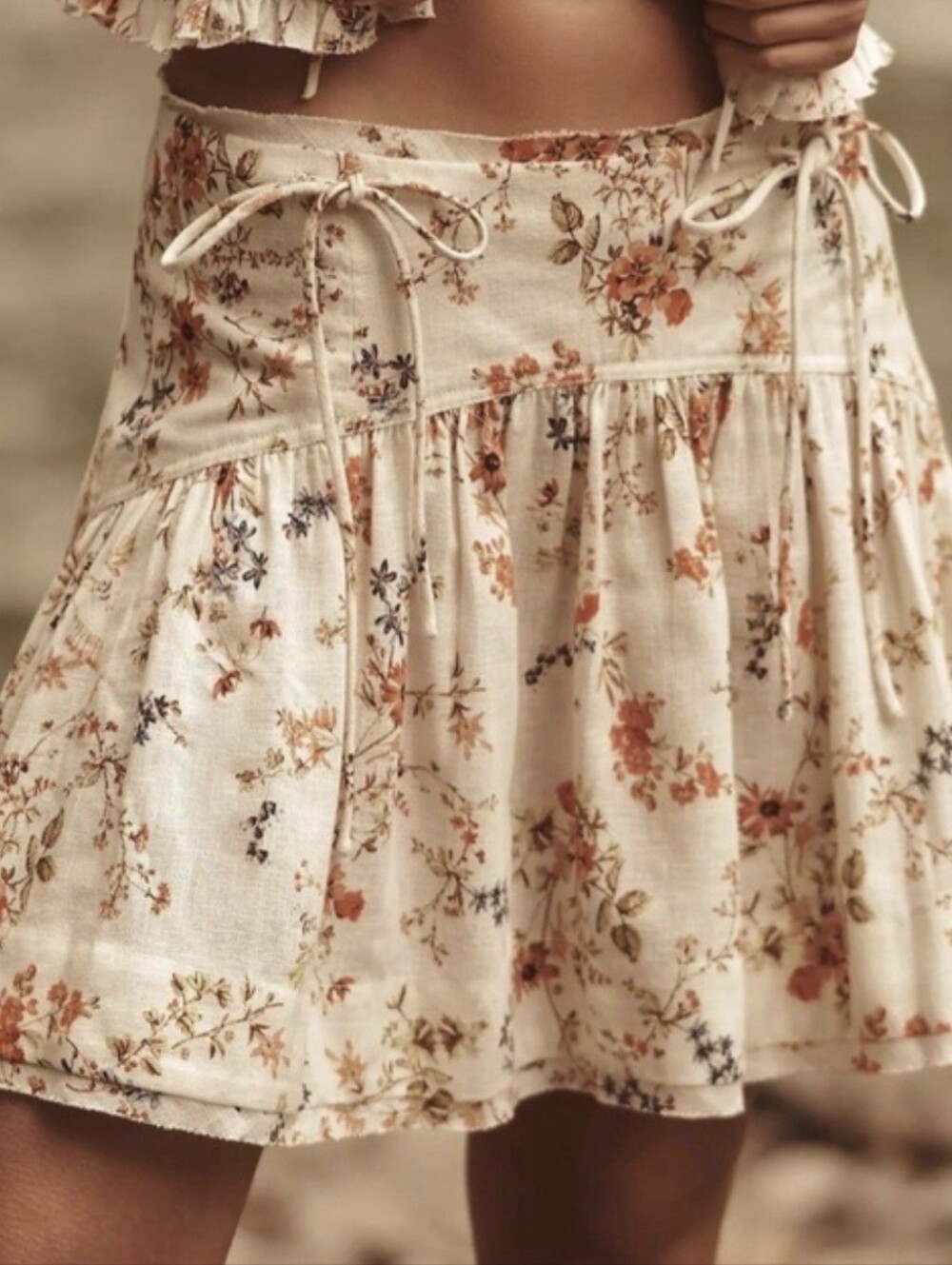 NWOT Anthropologie Floral Linen Mini Skirt Tie Waist Boho Cottagecore Size 10